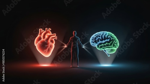 Heart versus mind decision concept symbolizing emotional and logical choices