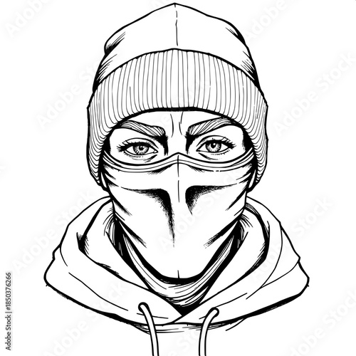 “Urban-inspired black and white portrait drawing, masked figure in a beanie and hoodie, expressive eyes and eyebrows emphasized, hand-drawn line art with detailed textile shading, white negative space