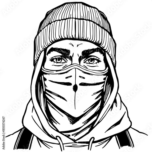 “Urban-inspired black and white portrait drawing, masked figure in a beanie and hoodie, expressive eyes and eyebrows emphasized, hand-drawn line art with detailed textile shading, white negative space