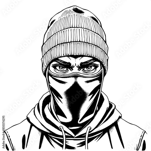 “Urban-inspired black and white portrait drawing, masked figure in a beanie and hoodie, expressive eyes and eyebrows emphasized, hand-drawn line art with detailed textile shading, white negative space