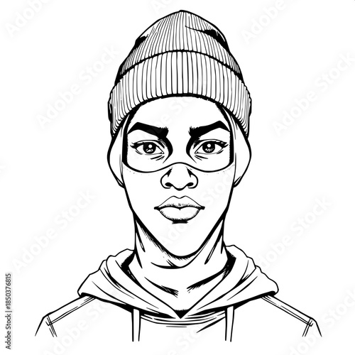 Monochrome ink illustration of a young person of African descent with dark brown skin, facing forward, their expressive eyes visible through a fitted balaclava, wearing a beanie and a hoodie outfit wi