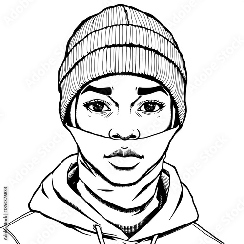 Monochrome ink illustration of a young person of African descent with dark brown skin, facing forward, their expressive eyes visible through a fitted balaclava, wearing a beanie and a hoodie outfit wi