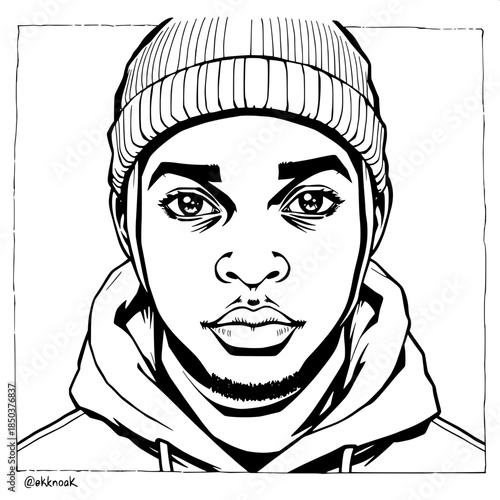 Monochrome ink illustration of a young person of African descent with dark brown skin, facing forward, their expressive eyes visible through a fitted balaclava, wearing a beanie and a hoodie outfit wi