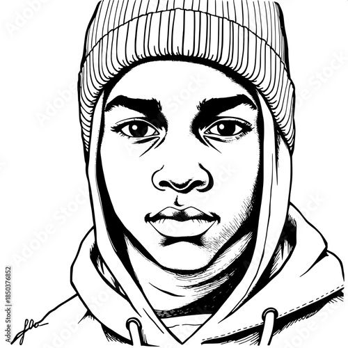 Monochrome ink illustration of a young person of African descent with dark brown skin, facing forward, their expressive eyes visible through a fitted balaclava, wearing a beanie and a hoodie outfit wi