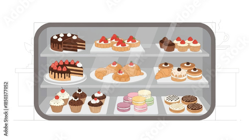 Assorted pastries and cakes displayed on multiple shelves in a glass case, viewed from the front