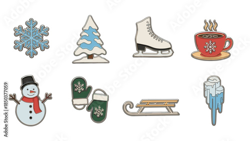 Winter icons including snowflake, tree, ice skate, hot chocolate, snowman, mittens, sled, and icicle