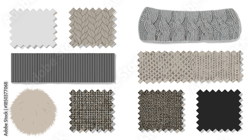Various fabric swatches in different textures and colors