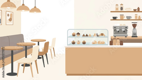 Modern Coffee Shop Interior with Comfortable Seating and Bakery Display
