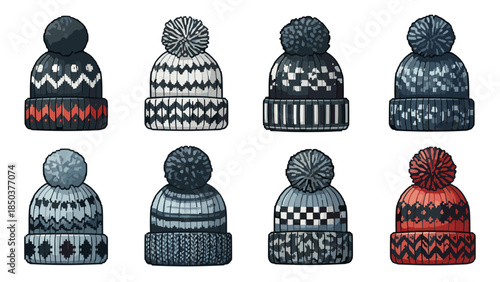 Collection of various knit hats with pom poms on top