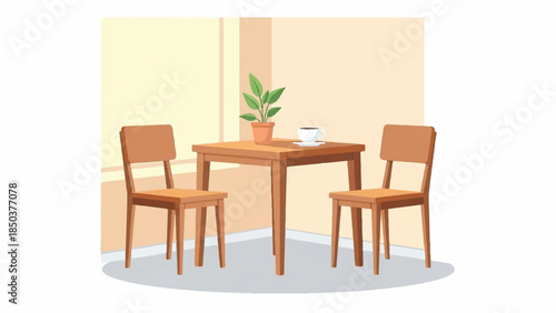 A wooden table with three chairs and a potted plant indoors in a cozy domestic setting viewed from the side