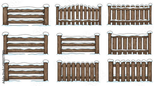 Collection of various wooden fence sections with snow on top