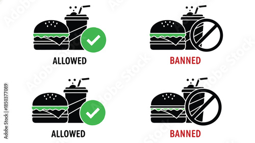 Illustration of allowed and banned food icons with green checkmarks and prohibition symbols on a simple background from a straightforward viewpoint