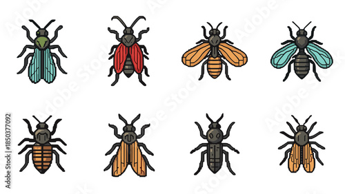 Colorful illustration of various bees on with different wing patterns