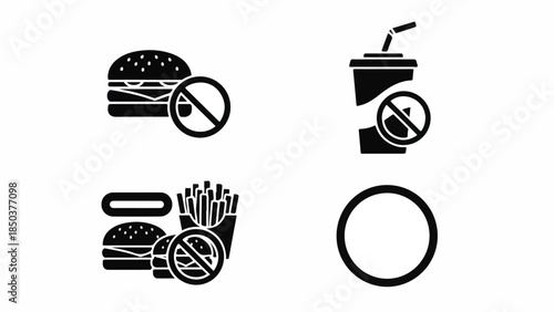 A set of black icons depicting prohibited fast food items including a burger, fries, and drink on a white background from a frontal viewpoint