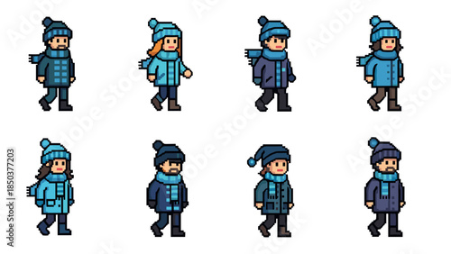 Cartoon children wearing winter clothes walking in different directions