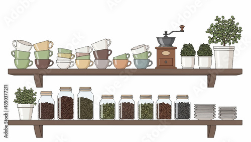 Assorted coffee cups and jars filled with coffee beans and tea leaves arranged on wooden shelves with potted plants in a cozy home environment