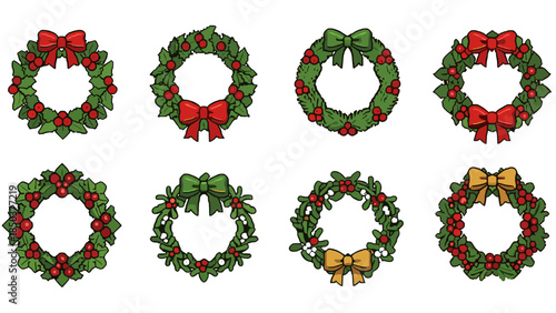 Christmas wreaths with red and green decorations and bows