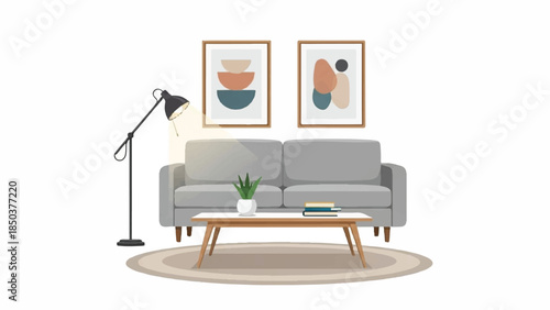 A modern living room scene with sofa, lamp, and coffee table on a circular rug under abstract art