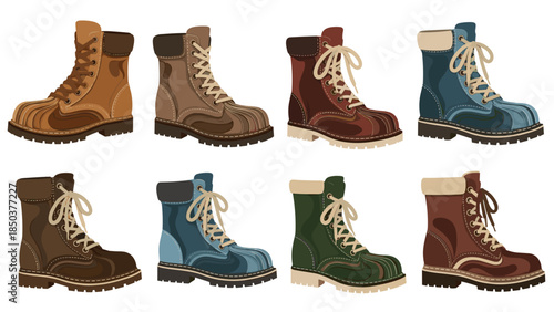 Collection of various colorful boots with laces