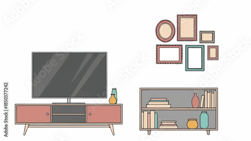 Modern living room interior with television, furniture, books, decorations, and artwork on display in a contemporary setting from a frontal viewpoint