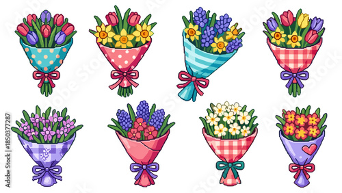 Colorful bouquets of flowers wrapped in festive paper and ribbons