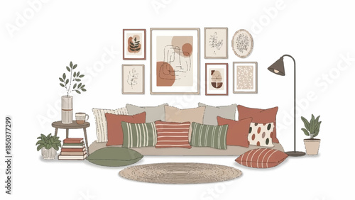 Cozy living room illustration featuring sofa, pillows, plants, lamp, and artwork from a frontal viewpoint