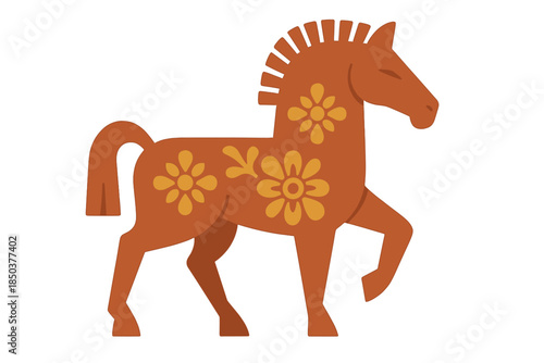 Colorful wooden horse figure with floral design in simple style