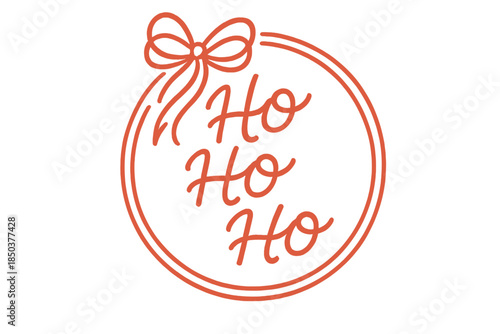 Circle design with the text Ho Ho Ho and a ribbon in red color on a white background for holiday themes