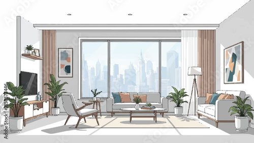 Modern living room with cityscape view, featuring sleek furniture and lush greenery in a minimalist interior.