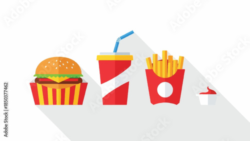 A fast food meal consisting of a burger, fries, and a drink is displayed on a clean white background.
