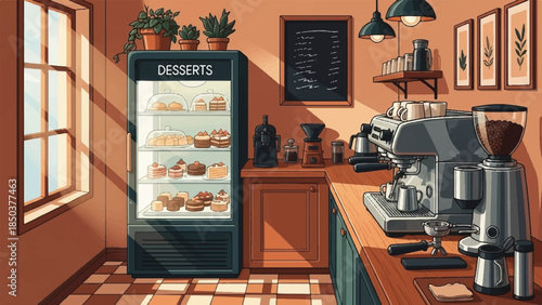 A cozy coffee shop interior with a dessert display case and coffee machines on the counter, viewed from the side, amidst warm lighting and inviting decor.