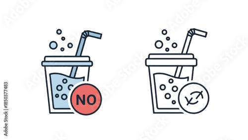 Illustration of a drink being rejected and accepted with straws and bubbles in a simple style