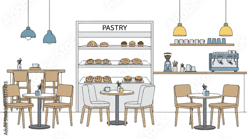 An illustrated café interior scene with pastry display and modern furniture viewed from the front