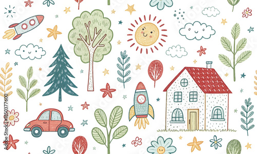 Seamless hand-drawn kids pattern with house, car, rocket, and nature elements. Cute crayon doodle style background for nursery wallpaper, textile prints, and childish wrapping paper design.