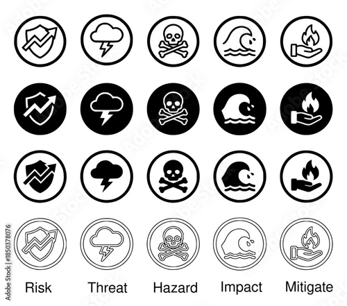 Risk and Hazard Sign Icon Set: Collection of hazard and risk warning symbols in outline and solid styles, ideal for safety manuals, signage, and training materials.