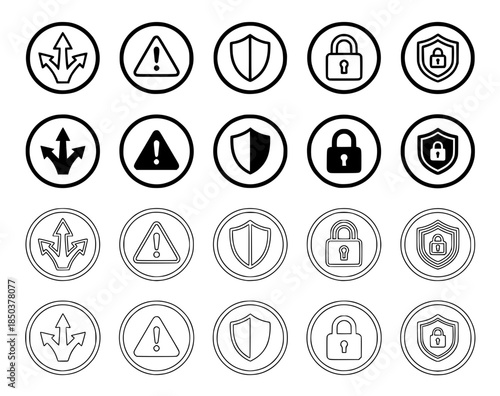Security and Protection Line Icons Set: Set of shield, lock, and warning icons in filled and outline versions representing safety, protection, and cybersecurity.