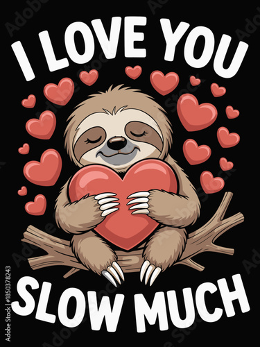 A charming sloth holds a large pink heart while sitting on a branch.