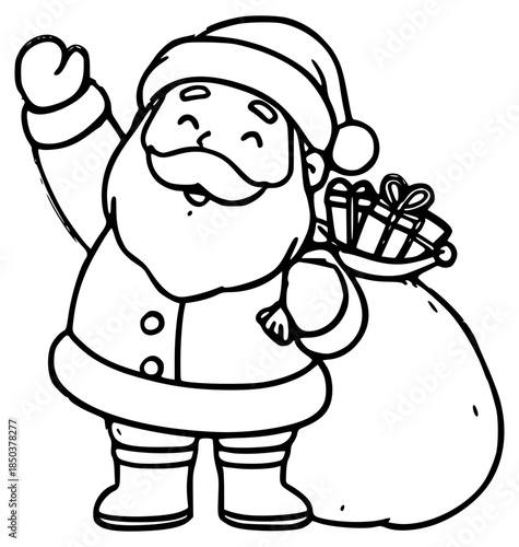 Cute Santa Claus waving with gift sack