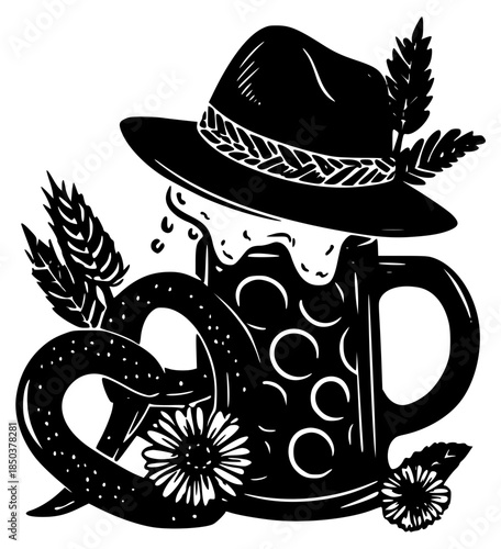 Oktoberfest beer mug with hat, pretzel and wheat