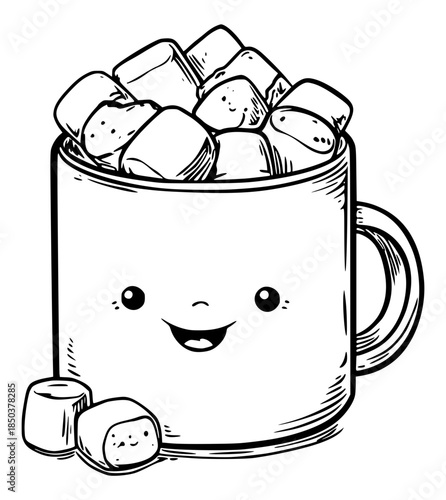 Cute mug of hot chocolate with marshmallows
