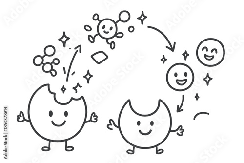 Cheerful Catalysis Workshop. Magical doodle catalytic reaction workshop with smiling enzymes, cartoon molecules jumping into