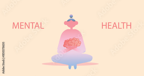 Mental health illustration with meditating person holding brain symbolizing mindfulness, balance and emotional awareness. Soft pastel background for wellness, meditation and psychology banners.
