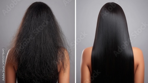 Before-and-after back view of woman’s long black hair, left frizzy and dry, right smooth and shiny, neutral gray background, professional lighting, hair transformation concept.