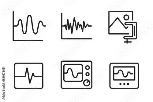 Real-World Harmonic Icons. Line style icons of Real-World Harmonic Applications: speech signal chart, seismic vibration wave,