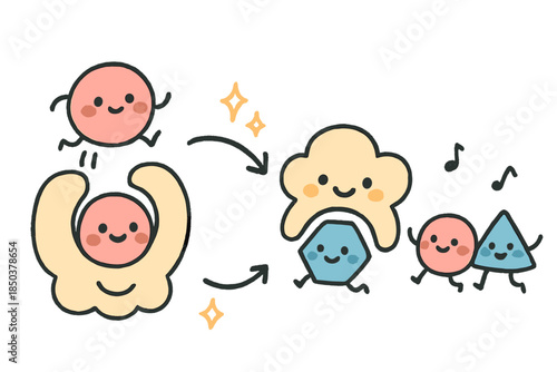 Cheerful Enzyme Dance. Cute doodle enzyme catalysis illustration with cheerful enzymes, cartoon substrates hopping into smiling