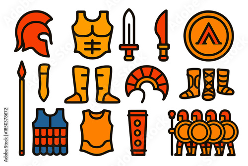 Greek Warrior Icons. Flat vector icons of Greek Warrior Gear: hoplite helmet, bronze cuirass, xiphos sword, aspis shield, dory