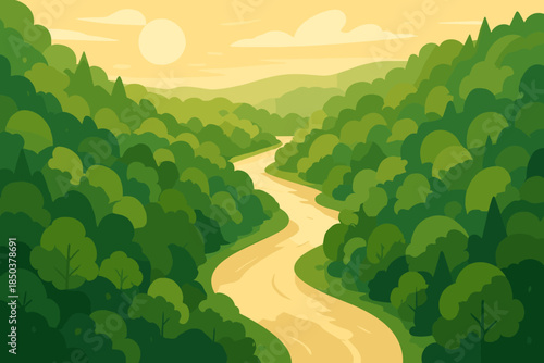 Golden Forest River. Scenic aerial vector illustration view of a lush forest surrounding a winding river, illuminated by soft
