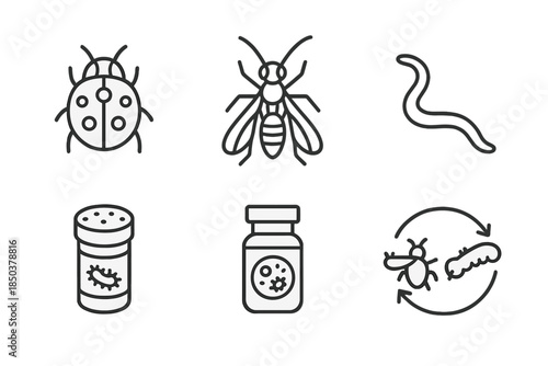 Biological Control Icons. Line style icons of Biological Controls: predator insect, parasitic wasp, beneficial nematode,