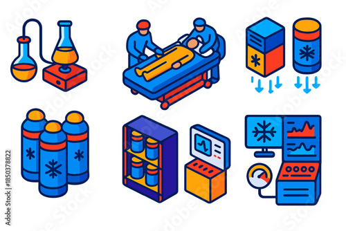 Cryonics Protocol Illustration. Isometric vector illustration set Cryonics protocol: vitrification solution handling, patient
