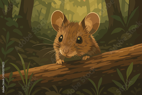 Field Mouse Peek. Little field mouse peeking from behind a log in a forest, illuminated vector illustration by soft natural light,